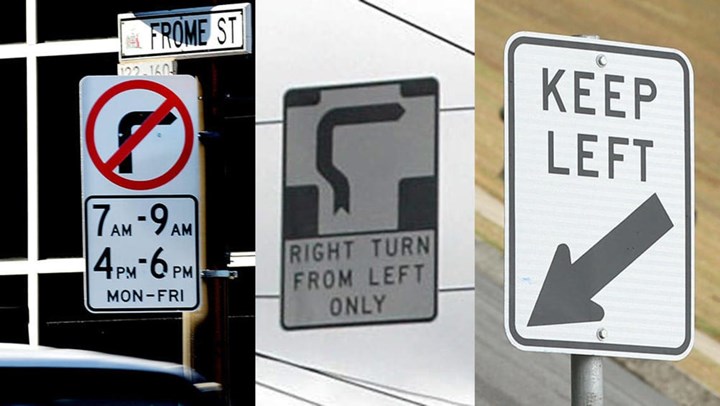 Restricted Turn, Hook Turn and Keep Left signs