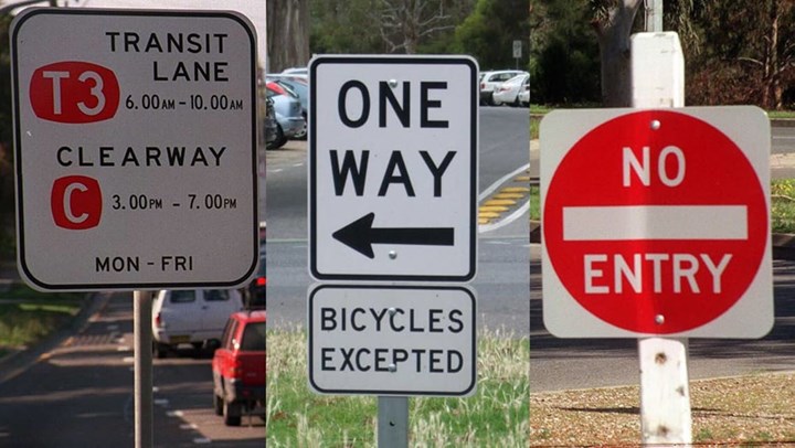 Transit Lane, One Way and No Entry signs